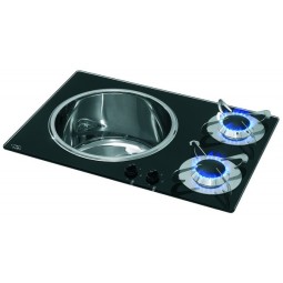 2 pits gaskookplaat Gehard glas en RVS met spoelbak