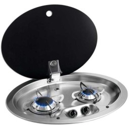 2 pits ovale gaskookplaat RVS met glazen afdekplaat