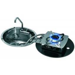 1 pits fornuis-ronde spoelbak combinatie met Gehard glas en RVS