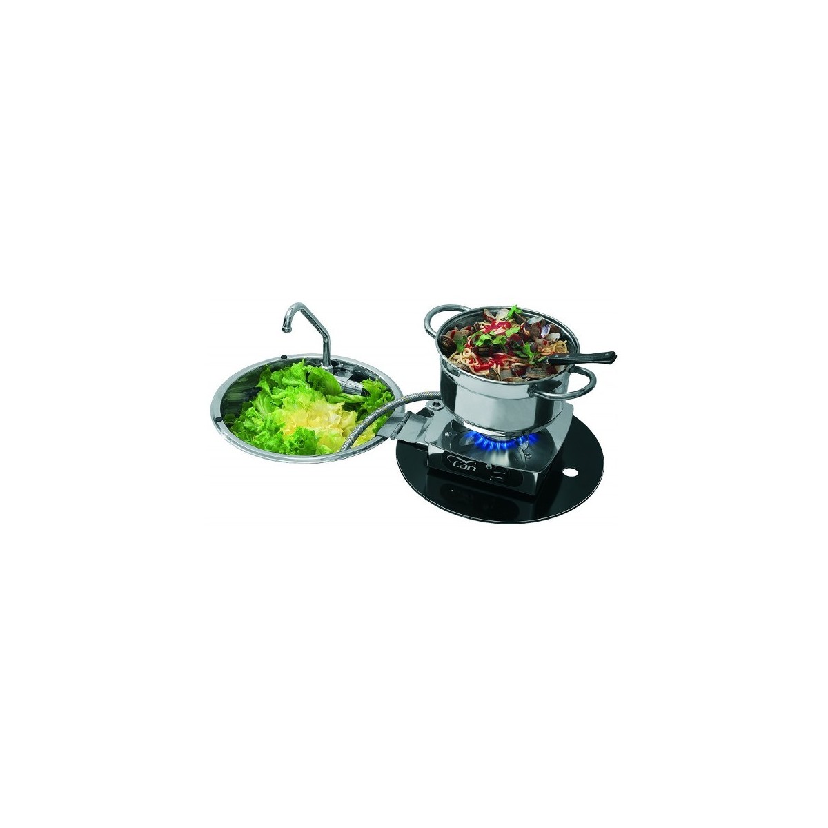 1 pits fornuis-ronde spoelbak combinatie met Gehard glas en RVS