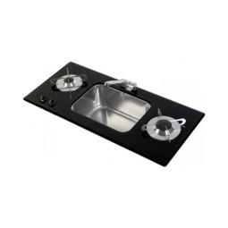 2 pits gaskookplaat Gehard glas en RVS met spoelbak B800xD365