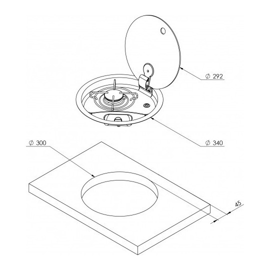1 pits ronde gaskookplaat RVS met glazen afdekplaat