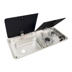 2 pits fornuis-spoelbak links combinatie met Gehard glas en RVS