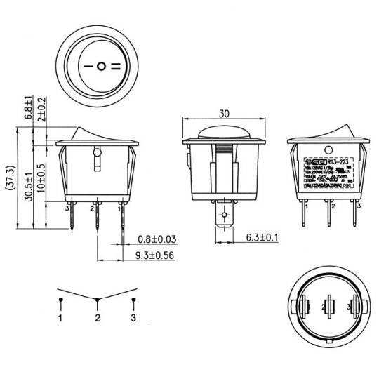 Inbouwschakelaar 12V/24V/230V (ON / OFF / ON)