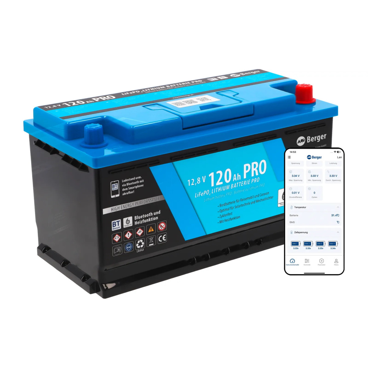 Berger LiFePO4 Lithium-accu Pro 120 Ah 12V met Bluetooth en met